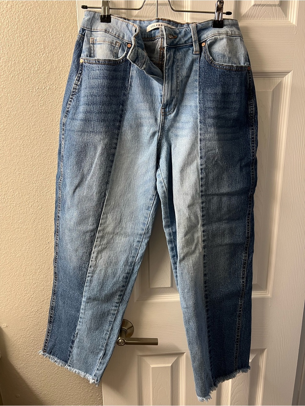 Celebrity Pink Two-Tone Light and Dark Blue Barrel Jeans